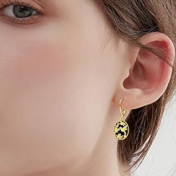 Neiman Marcus Gold-Plated Onyx Oval Hummingbird Dangle Leverback Earrings - Picture 2 of 4